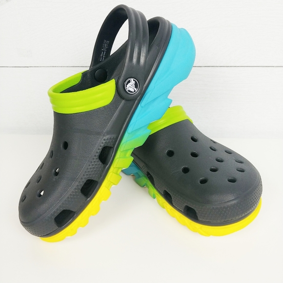 black and rainbow crocs